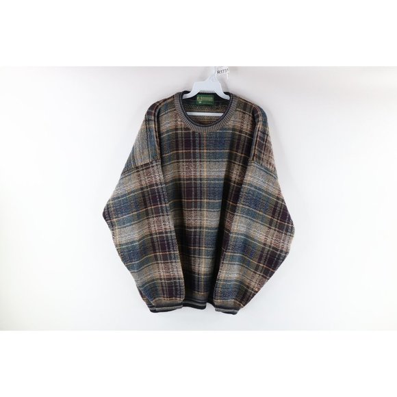 Vtg 90s Coogi Style Mens XL Ed Bassmaster Rainbow Plaid Cotton Knit Dad Sweater